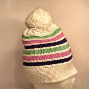VINTAGE WHITE POM POM WITH GREEN/PINK/PURPLE STRIPES SKI HAT BY MEISTER EVC